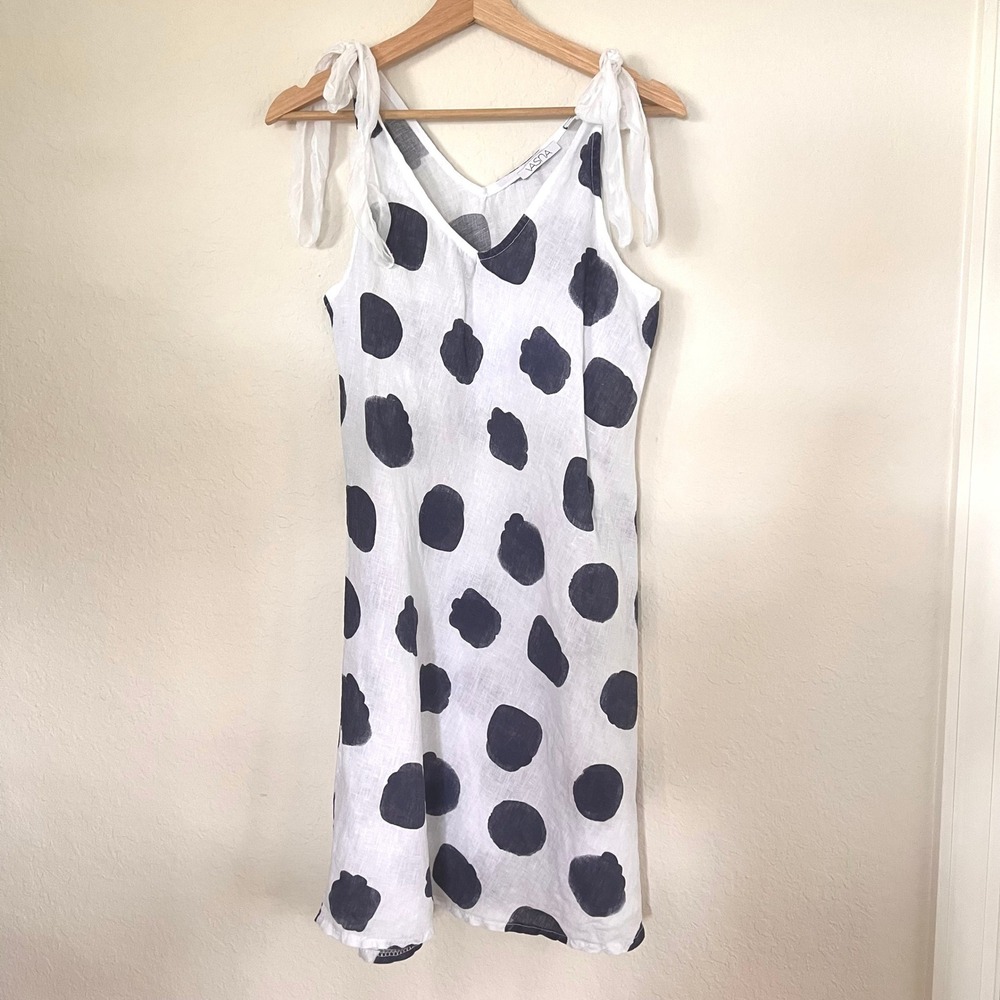 Vasna Linen Polka Dot Silk Tie Shoulder Shift Dress White Navy Blue Italy S